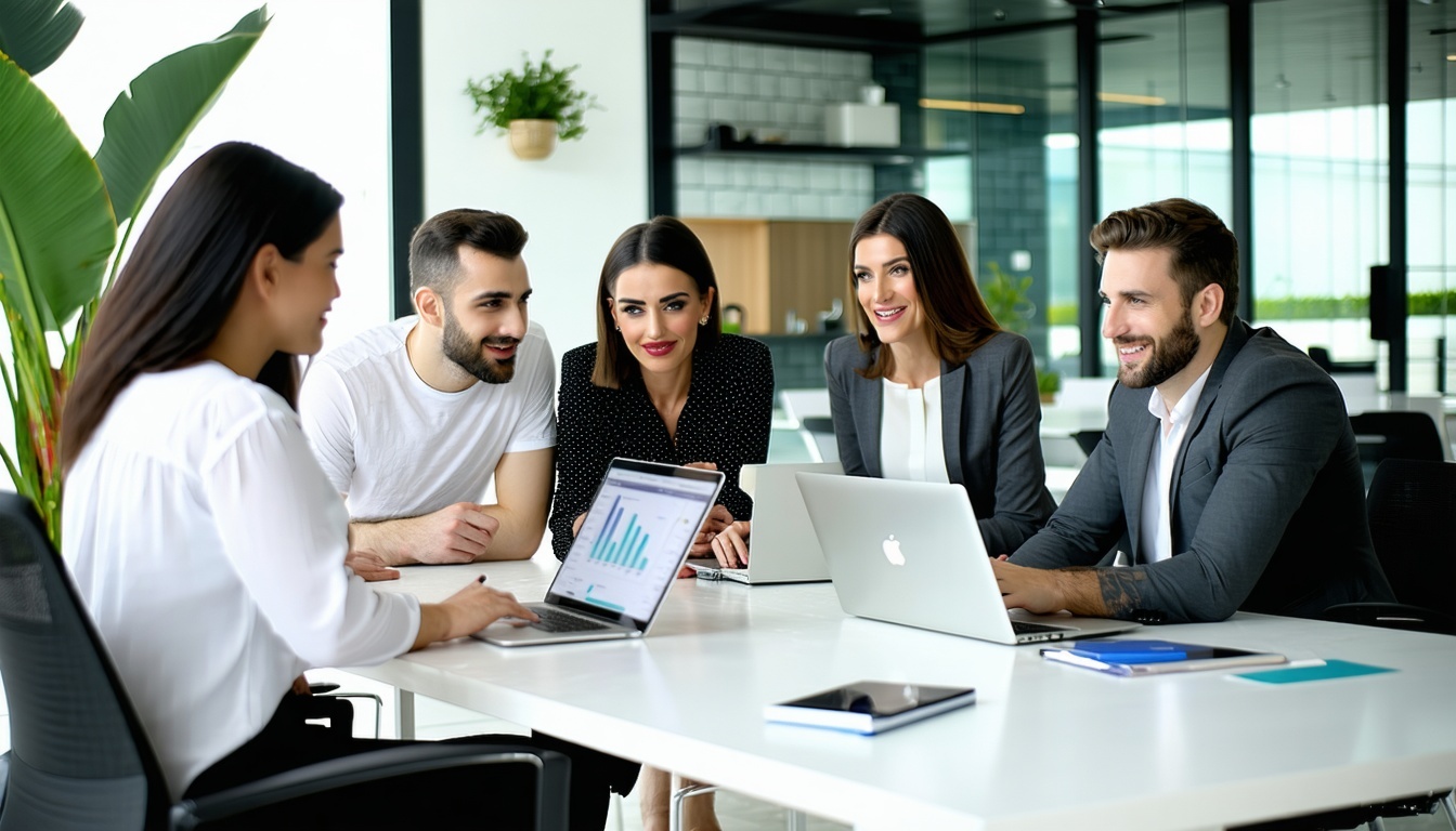 A professional real estate team in Dubai working in a bright modern office Diverse group collaborating over property listings with laptops digital tools and a clean luxurystyle setting Atmosphere is positive innovative and welcoming-3