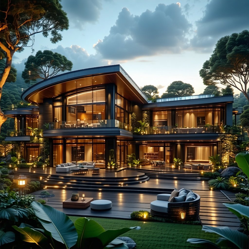 A modern luxury house at sunset with warm lights glowing inside surrounded by lush greenery The style should feel upscale but welcoming capturing success trust and seamless real estate experiences The scene should feel peaceful elegant and show a hom-1