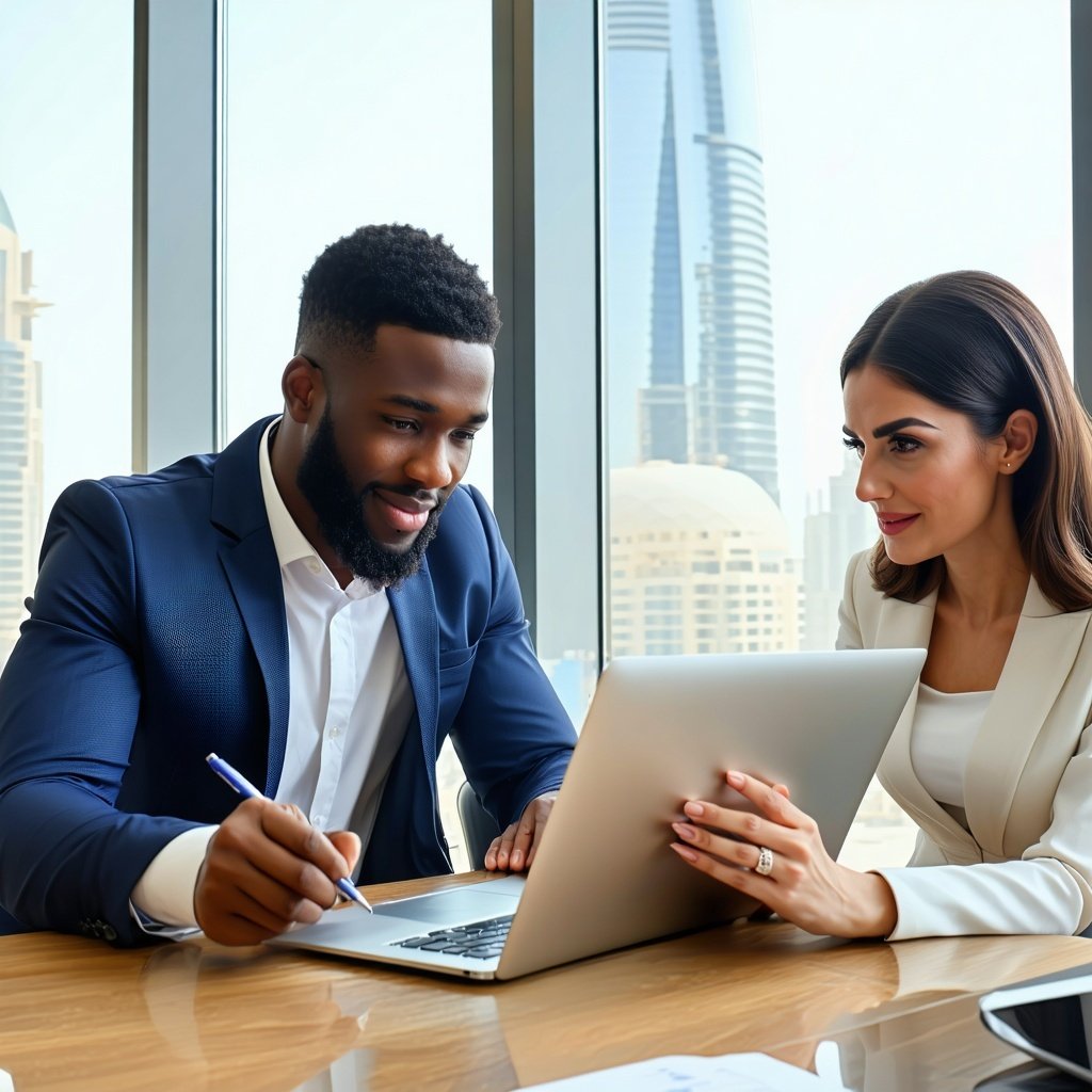 one man and one woman in dubai land department signed contracts and watching latest transaction catching Macbook and done deal