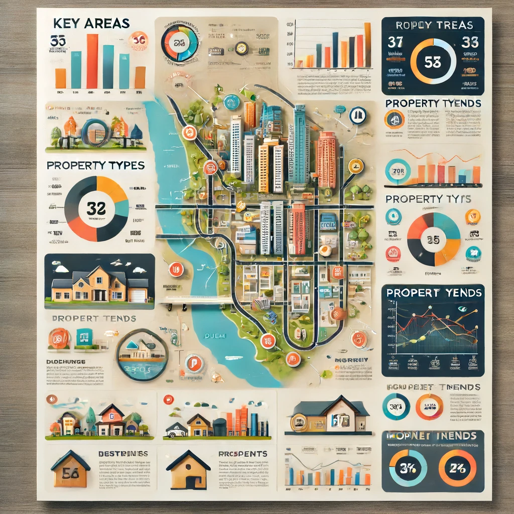 Infographic of Dubai Real Estate Market with key areas, property types, and market trends.