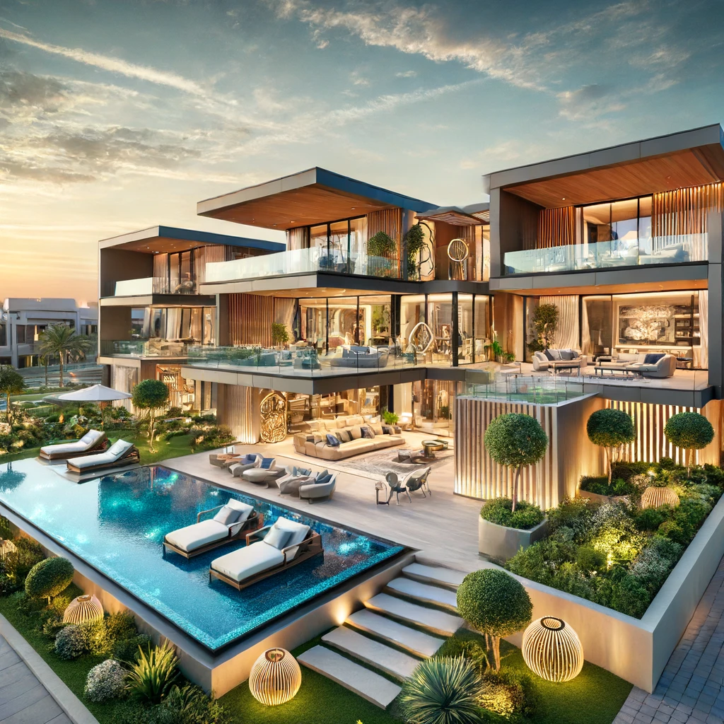 A stunning luxury villa in Dubai with modern design and beautiful landscaping.